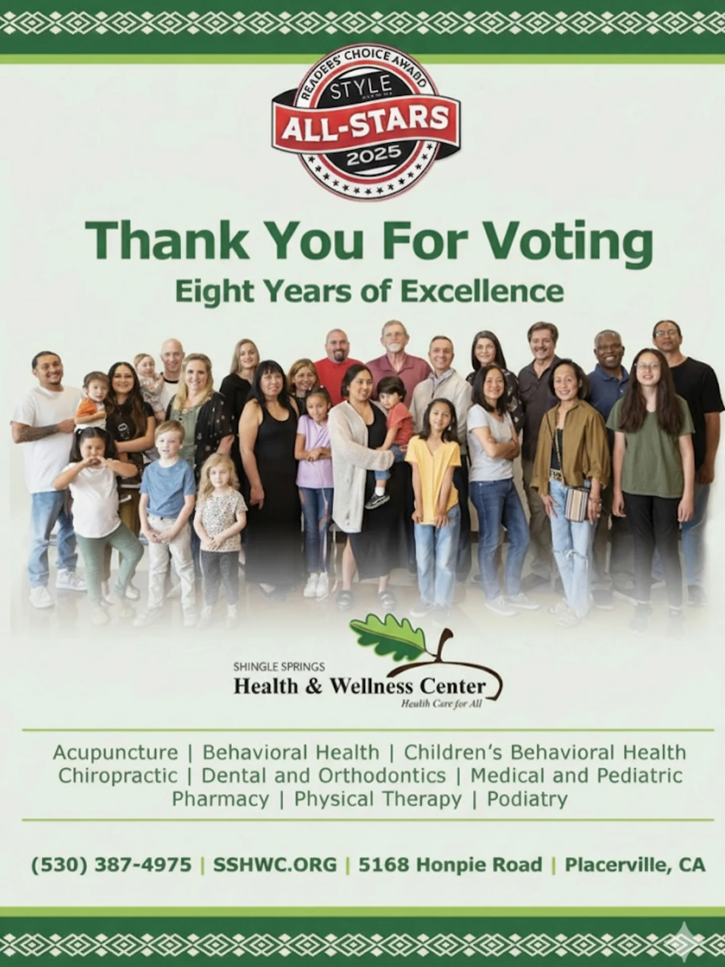 Group photo of diverse patients and staff celebrating Shingle Springs Health and Wellness Center’s 2025 Style All-Stars award for eight years of excellence
